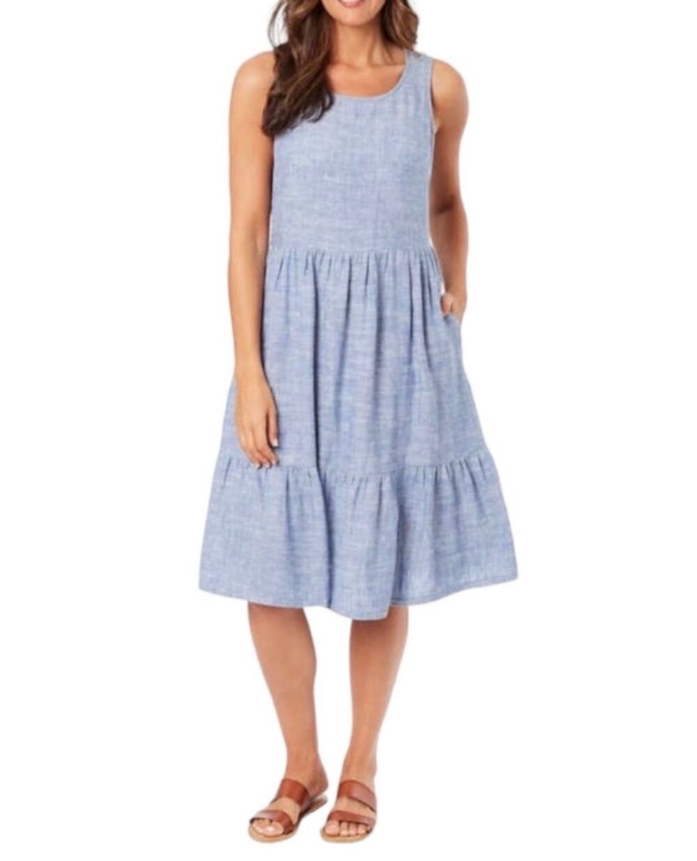 🔥Briggs sleeveless linen blend chambray tier ruffle dress coastal Lagenlook